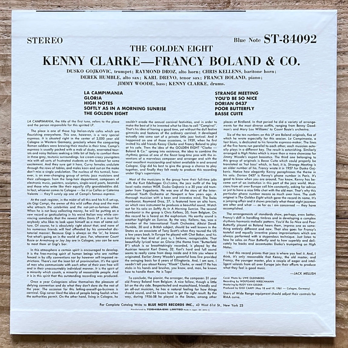KENNY CLARKE - FRANCY BOLAND AND COMPANY / THE GOLDEN 8 on Blue Note - Japan LP NM BN4092