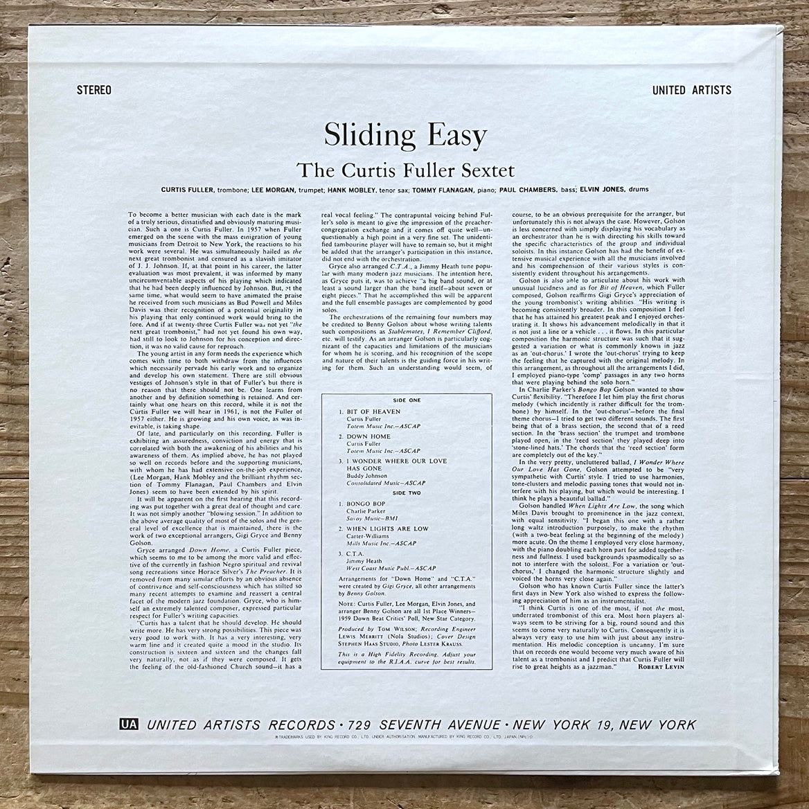 CURTIS FULLER SEXTET / SLIDING EASY on United Artists - Japan LP NM GXC-3141