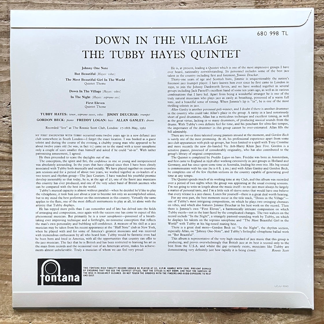 TUBBY HAYES / DOWN IN THE VILLAGE on UK Fontana - Japan Heavy Vinyl NM UCJU-9045