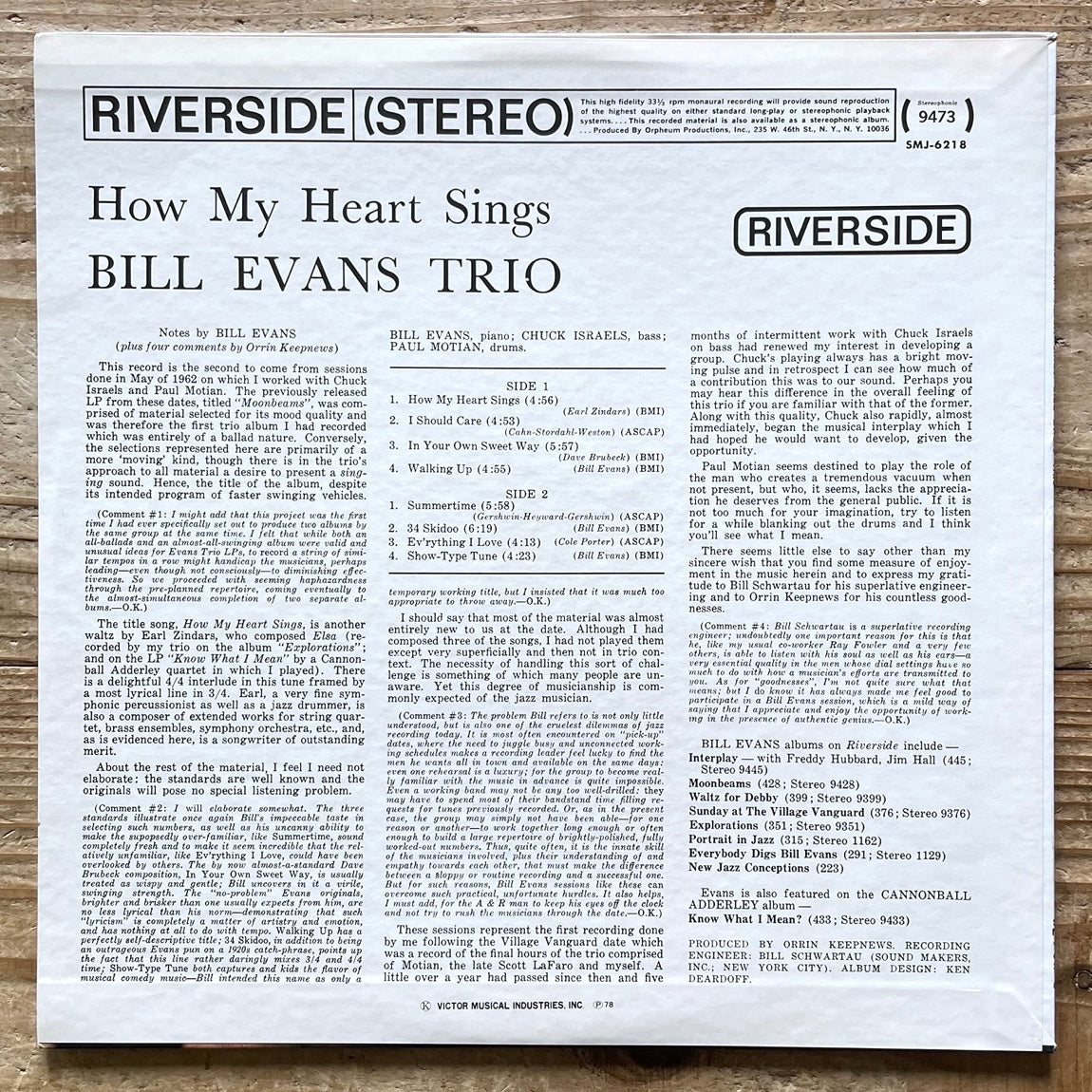 BILL EVANS TRIO / HOW MY HEART SINGS! on Riverside - Japan LP NM SMJ-6218