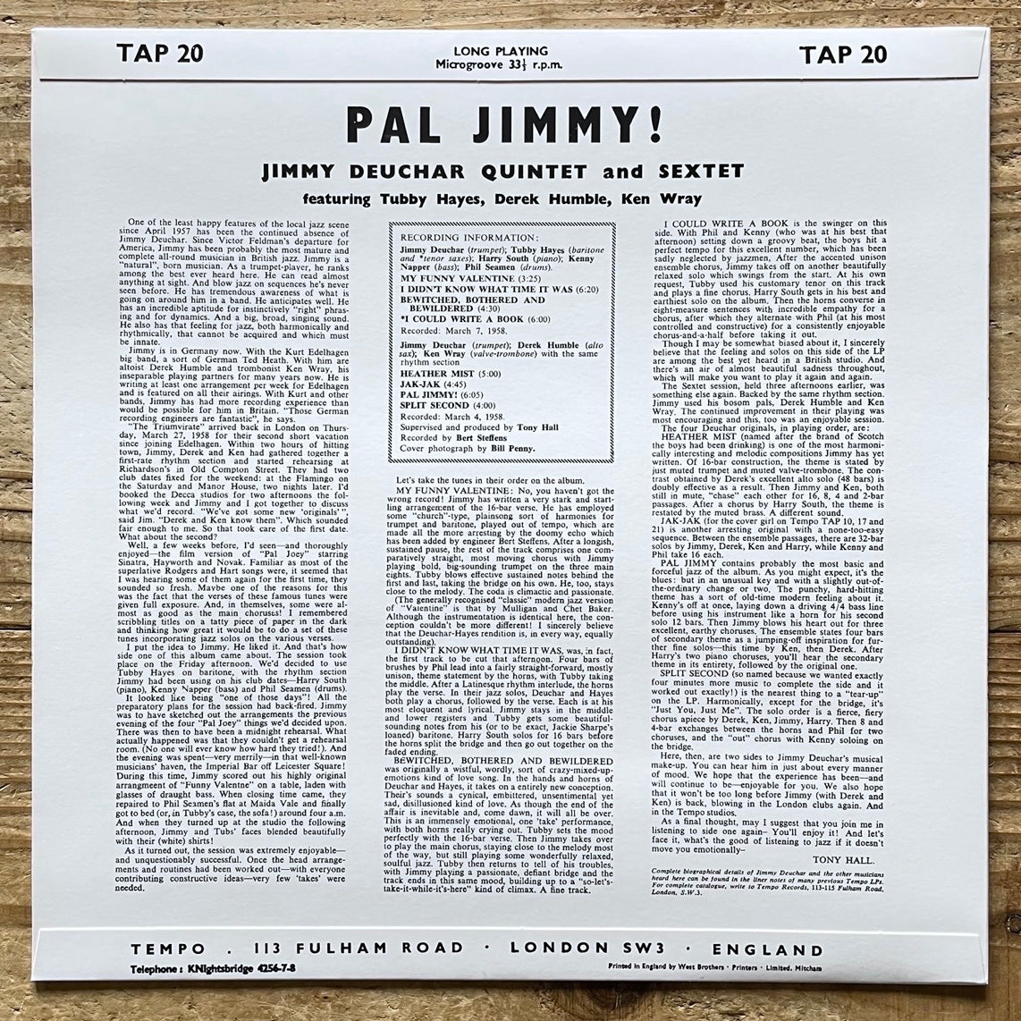 JIMMY DEUCHAR, TUBBY HAYES / PAL JIMMY on UK Tempo - Japan Heavy Vinyl reissue NM TAP 20