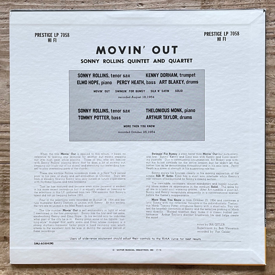 SONNY ROLLINS / MOVING OUT - Japan Prestige MONO LP NM SMJ-6584