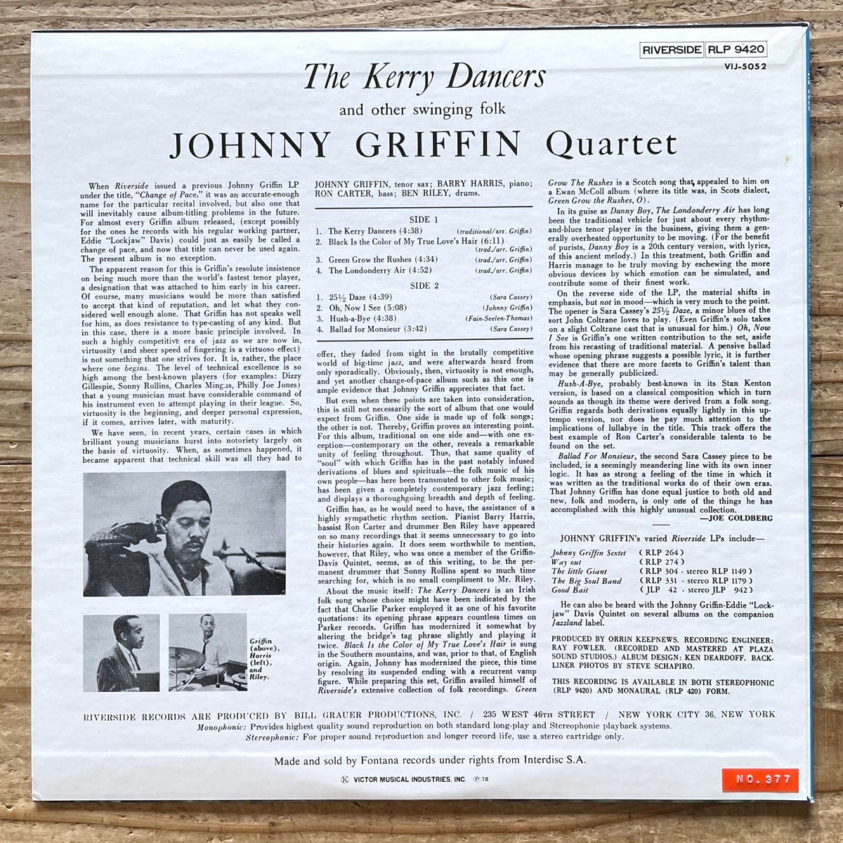 JOHNNY GRIFFIN QUARTET / KERRY DANCERS on Riverside - Japan LP VIJ-5052