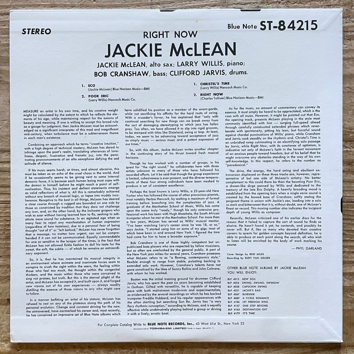 JACKIE McLEAN / RIGHT NOW on Blue Note - Japan LP NM BN4215