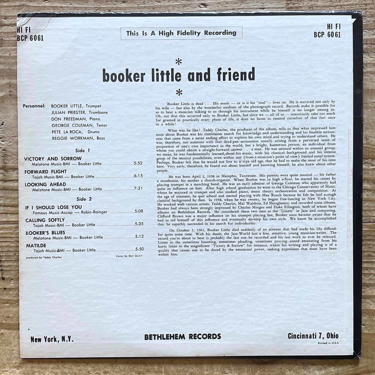 BOOKER LITTLE AND FRIEND on Bethlehem 1969 US 2nd Press